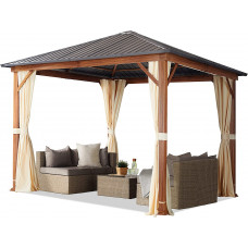 Cenador de jardín 3x3 m, Aspecto Madera, Techo sólido, 4 Cortinas en champán Cenador de jardín 3x3 m, Aspecto Madera, Techo sólido, 4 Cortinas en champán
